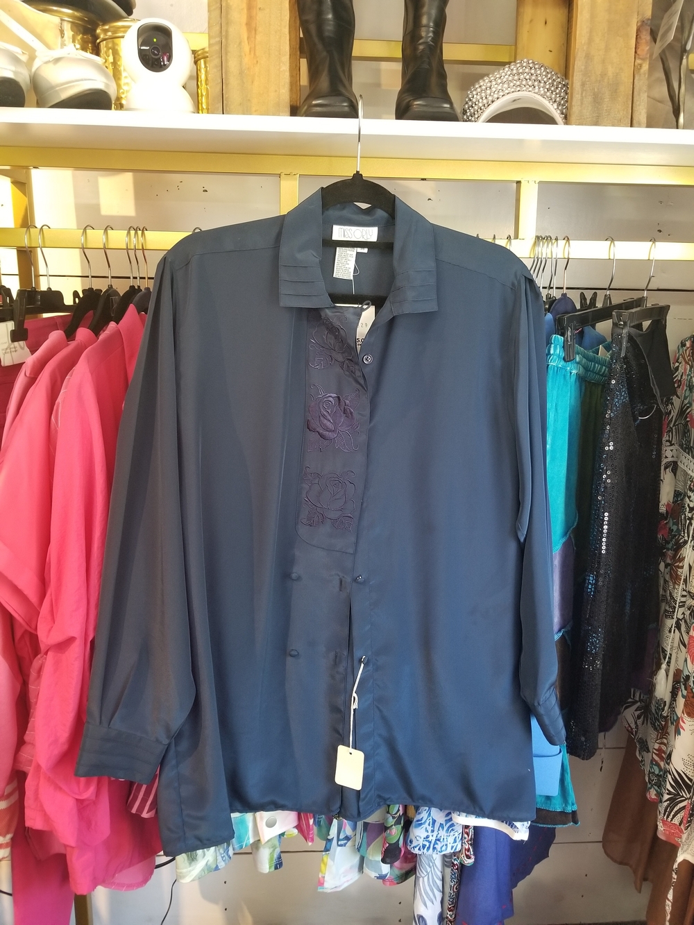 Silk-Blend Navy Button-Front Blouse